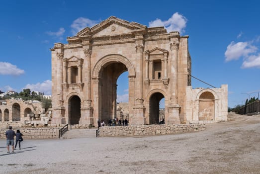 The monumental gateway of Hadrian's Arch in Jerash, a Greco-Roman well preserved city in Jordan