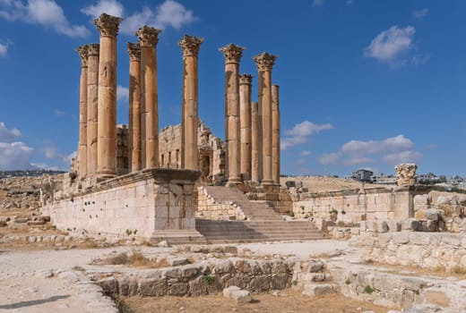 Corinthian columns surround the temple or Sanctuary of Artemis in Jerash, a Greco-Roman well preserved city in Jordan
