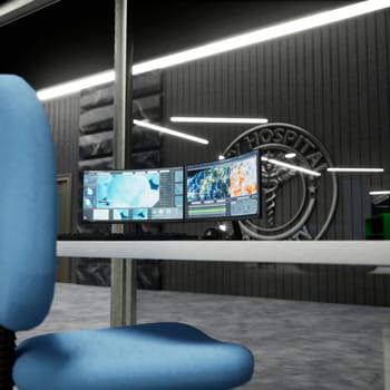 High tech clinical environment with PC displays showing electronic healthcare software. Smart medical lab with digital apps on computer screen designed for diagnostics and imaging analysis, render