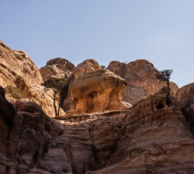 Unusual rock formation by the long arduous trail to The Monastery or Ad Deir in Petra
