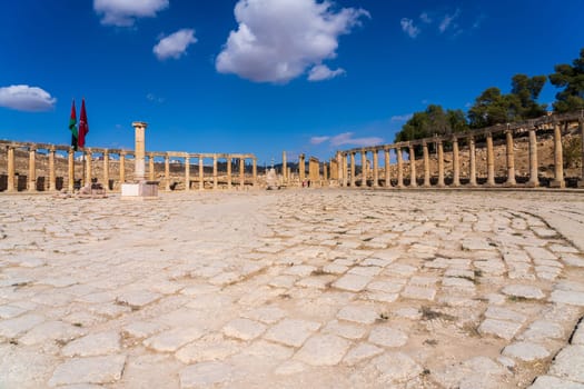 Oval Plaza is unique in its shape in Jerash, a Greco-Roman well preserved city in Jordan