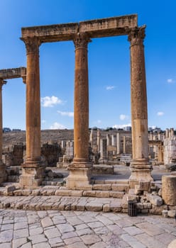 Columns line the Cardo Maximus or main street in Jerash, a Greco-Roman well preserved city in Jordan