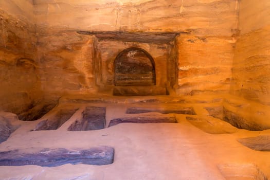 Detail inside one of the burial cave BD 825 in the Street of Facades in Petra Jordan