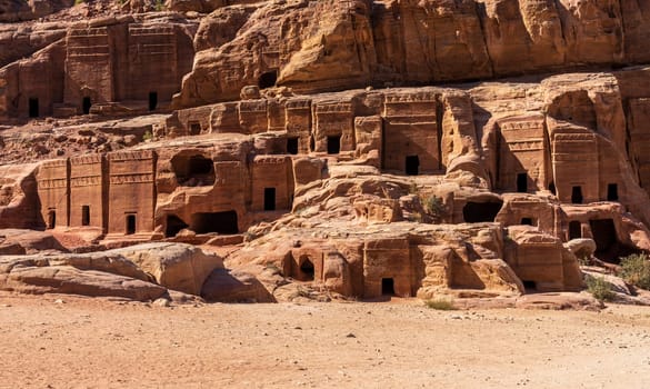 Theater Necropolis in the Street of Facades in Petra with double Pylon tombs carved in the hillside