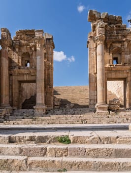 Staircase and altar terrace of Sanctuary of Artemis on Cardo Maximus in Jerash, a Greco-Roman well preserved city in Jordan