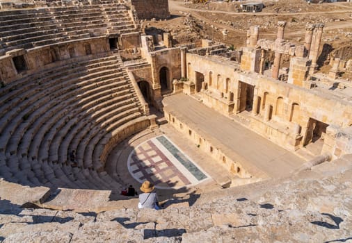View from the high seats towards the stage of North Theater in Jerash, a Greco-Roman well preserved city in Jordan