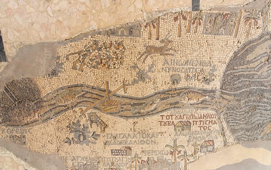 Madaba Mosaic map on floor of Saint George byzantine church is 5th Century cartographic map of Holy Land