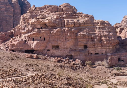 Unusual geology of a tomb in the wall near the Main Temple of Petra in Jordan