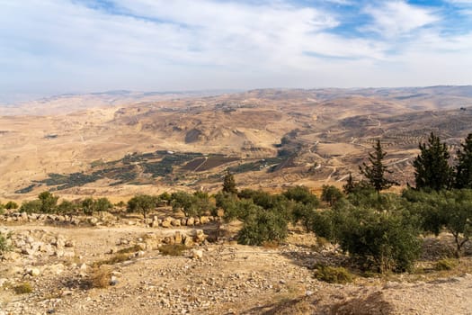 Arid landscape in Jordan seen from the summit of Mount Nebo
