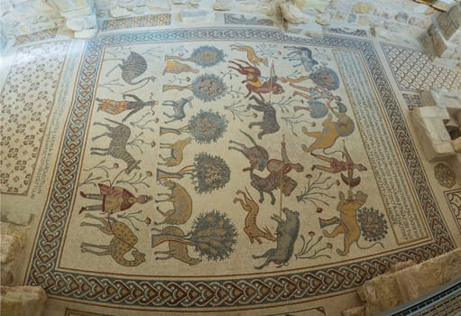 Diakonikon Baptistery Mosaic on display in Moses Memorial Church on Mount Nebo in Jordan in side panorama
