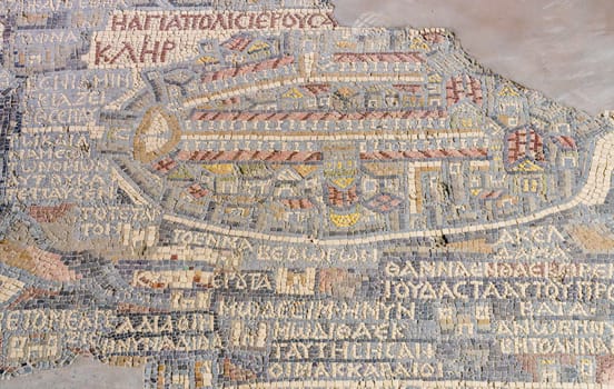 City of Jerusalem on Madaba Mosaic map on floor of Saint George byzantine church in the Holy Land