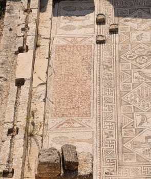 Beautiful mosaic floor in the Church of SS Cosmas and Damian in Jerash, a Greco-Roman well preserved city in Jordan