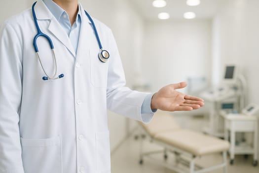 AI generated image of a doctor in medical uniform standing at the edge of the frame gesturing to invite into a hospital examination room.