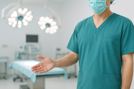 AI generated image of a surgeon in scrubs standing at the edge of the frame gesturing to invite into a sterile operating room.