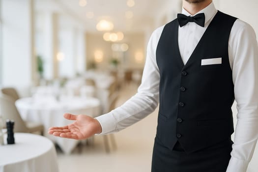 AI generated image of a professional waiter in formal attire gesturing to invite guests into an elegant hotel restaurant.
