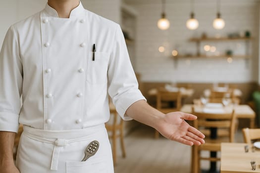 AI generated image of an executive chef in full whites gesturing to welcome diners into an elegant fine dining restaurant in a hotel.