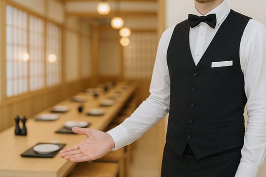 AI generated image of a polite Japanese waiter in uniform bowing slightly while gesturing to welcome customers into an authentic Japanese restaurant with wooden interior and sushi counter.