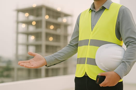 AI generated image of a construction safety officer in high-visibility vest and helmet gesturing to guide visitors entering an active building construction zone