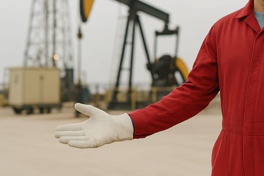 AI generated image of an oil rig worker in safety gear gesturing to welcome crew members onto an active offshore drilling platform, showcasing heavy industrial equipment