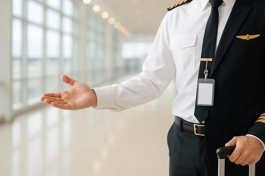 AI generated image of a professional airline captain in full uniform gesturing to welcome passengers at a busy airport terminal