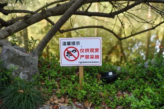 Chinese sign in People's Park, Shanghai, says “For viewing only. Picking is strictly prohibited,” warning visitors not to pick plants or flowers