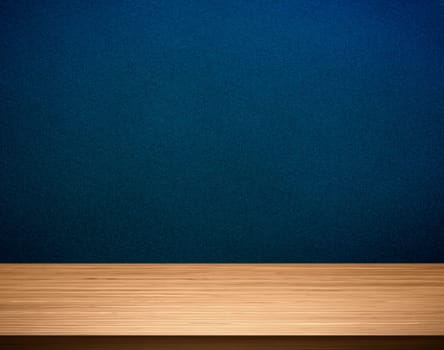 Empty brown wooden table top over blue gradient background