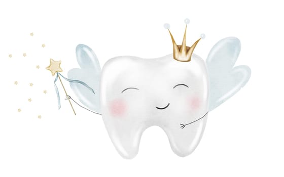 Baby tooth watercolor. Cute cartoon molar with crown and a magic wand on isolated white background. Dental clip art. Ideal for cards and invitations to the party baby's first tooth, posters in the doctor's office. High quality illustration