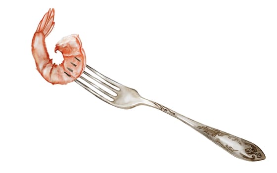 Shrimp watercolor. Hand drawn crustacean on a fork on isolated white background. Food clip art. Ideal for restaurant menus, product packaging and cookbook design. High quality illustration