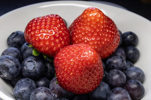 Wild strawberry and blueberry with ripe fruit in close up