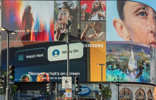 London, UK - May 13, 2025 - Famous Piccadilly Lights is Digital screen showcasing advertising at Piccadilly Circus. Advertising shown on the digital billboards in London's, use it as your Wallpaper, Poster and Space for text, Selective focus.
