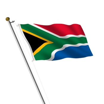 A Republic of South Africa flagpole 3d illustration on white with clipping path large file red white green yellow black blue