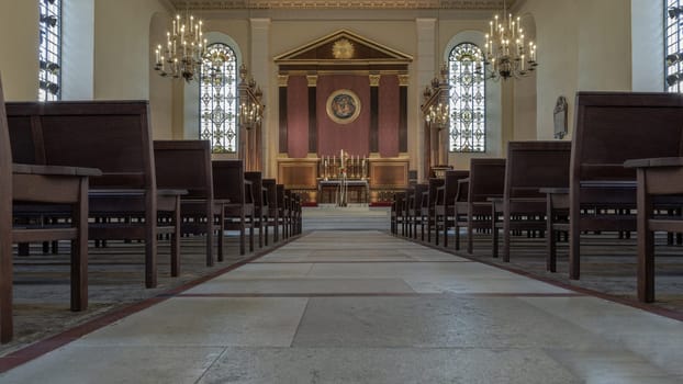 London, UK - May 13, 2025 - Etruscan architecture interior view of St Paul's Church is England parish church in Bedford Street, Covent Garden, The church is nicknamed "the Actors' church" Tuscan style, use it as your Wallpaper, Poster and Space for text, Selective focus.