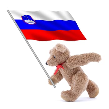 A Slovenia flag being carried by a cute teddy bear