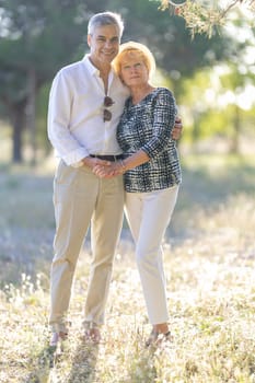 Retired couple enjoying a sunny day in a park, holding hands and embracing, showing love and companionship