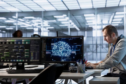 Admin fixing computer crashes affecting server room AI workloads, typing on keyboard. Artificial intelligence employee trying to repair data center systems after network failure