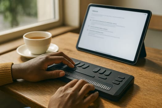Close-up of a person using a smart braille display with a tablet on a café table. A cup of tea and sunlight enhance the modern, inclusive atmosphere. No brand visible