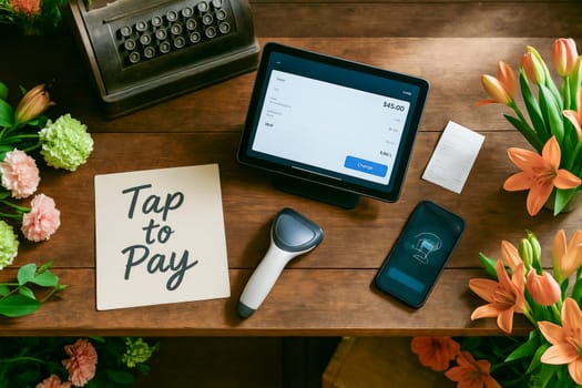 Top-down view of a flower shop counter with tablet payment system, barcode scanner, printed receipt, and handwritten tap-to-pay sign. Vintage register adds contrast. Natural light.