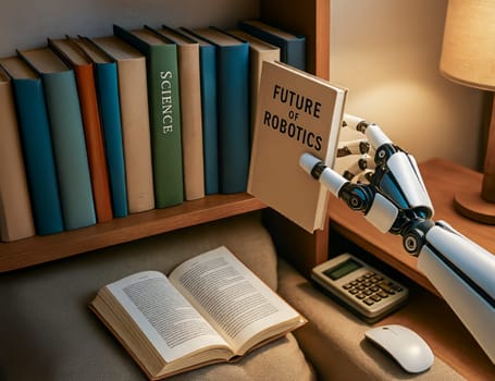 A robotic arm retrieves a book from a wooden shelf in a quiet, nostalgic space. Vintage tech and science books suggest a future where knowledge, memory, and machines intersect