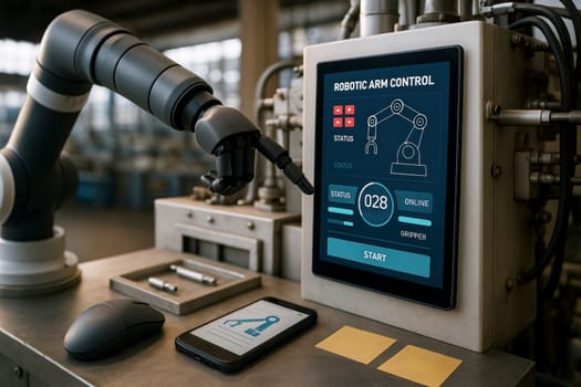 Robotic arm interacts with a touchscreen panel in an industrial setting. Interface elements, a smartphone, mouse, and metallic desk suggest smart automation. No people visible.
