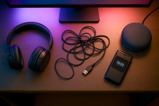 Top-down view of a teen desk with wireless headphones, tangled charger, retro flip phone, and smart speaker lit by colorful LED lights. No people, digital lifestyle concept.