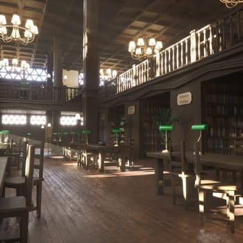 Spacious university library with empty seats, tables and soft light across tiled wood floor. Old library learning room featuring decorations, wooden shelves and calm atmosphere for student focus
