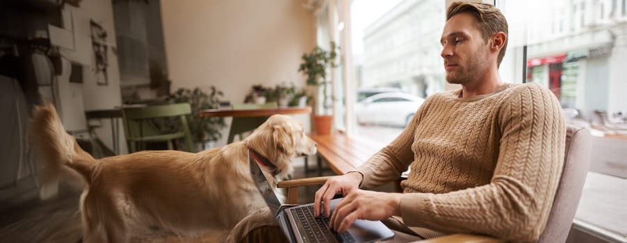 Handsome young man working in cafe with a dog, sitting on chair and using laptop, petting his golden retriever in animal-friendly co-working space.