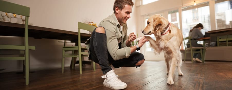 Close up portrait of smiling happy dog owner in pet-friendly cafe, teaching to give paw, giving a treat to his golden retriever, spending time in coffee shop.