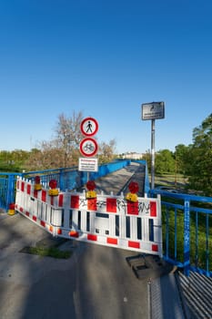 Magdeburg, Germany – April 26, 2025: Bridge with Henningsdorfer Spannstahl in Magdeburg closed due to dilapidation after inspection of the structural fabric