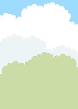 Soft, fluffy clouds drift across a bright blue sky above lush green foliage, creating a calm and peaceful atmosphere during midday.