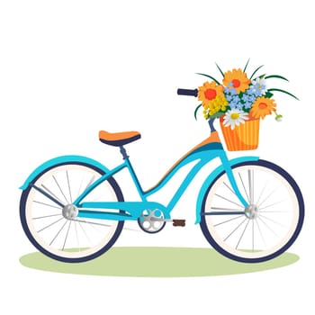 A vibrant blue bicycle stands on green grass, featuring a wicker basket filled with colorful flowers, creating a cheerful outdoor scene.