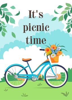 A colorful bicycle with a basket of flowers stands ready for a cheerful picnic in a vibrant park under a cloudy sky.