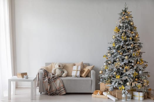 Christmas tree with gifts and toys interior for the new year