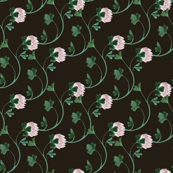 Textile seamless floral pattern with clover flowers and shamrocks in vintage style. Design for kitchen home textiles, tablecloths, curtains, bed linen, dress fabrics, wrapping paper