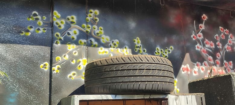 Tire art flowers wall design decor decorations objects street building architecture travel shotlisttravel . High quality photo